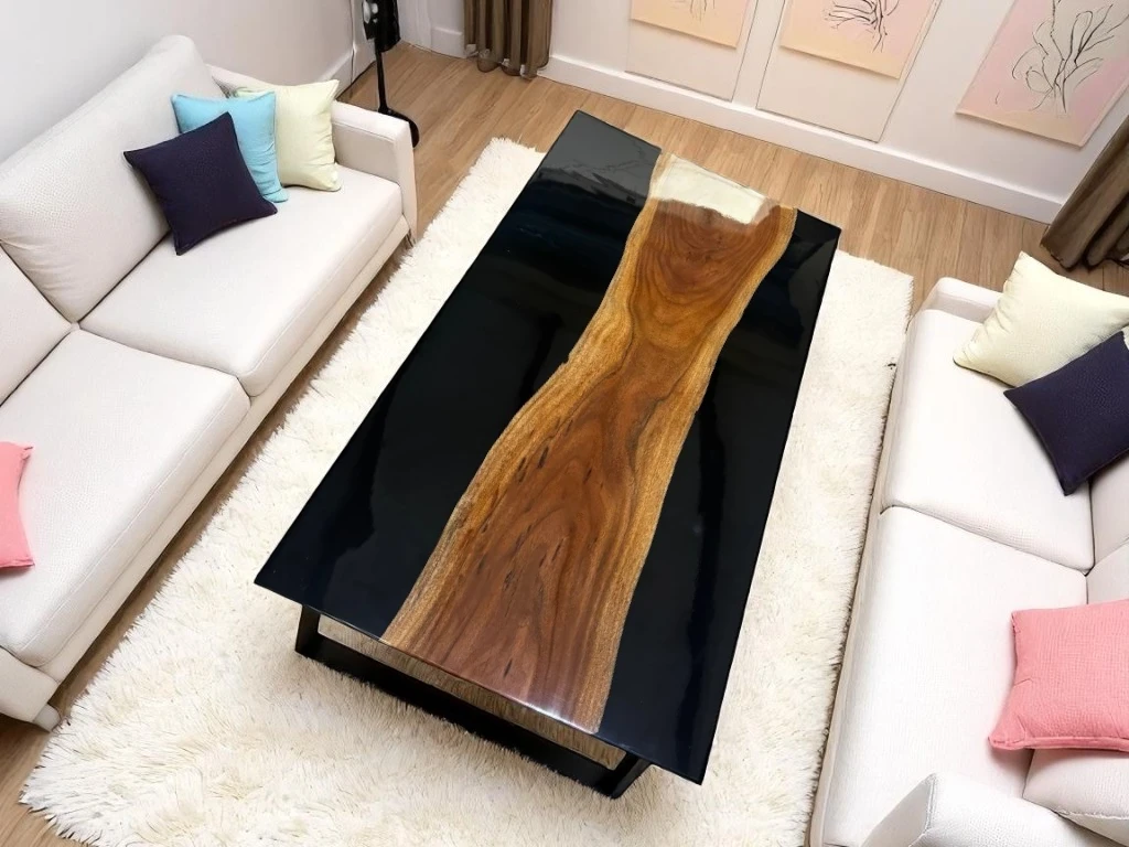Luxury Rectangular Dining Table with Black Epoxy & Natural Wood